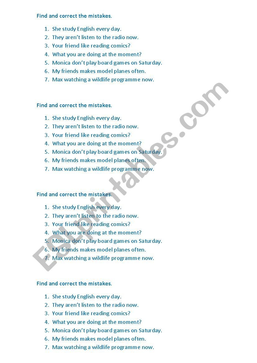 Find and correct mistakes worksheet