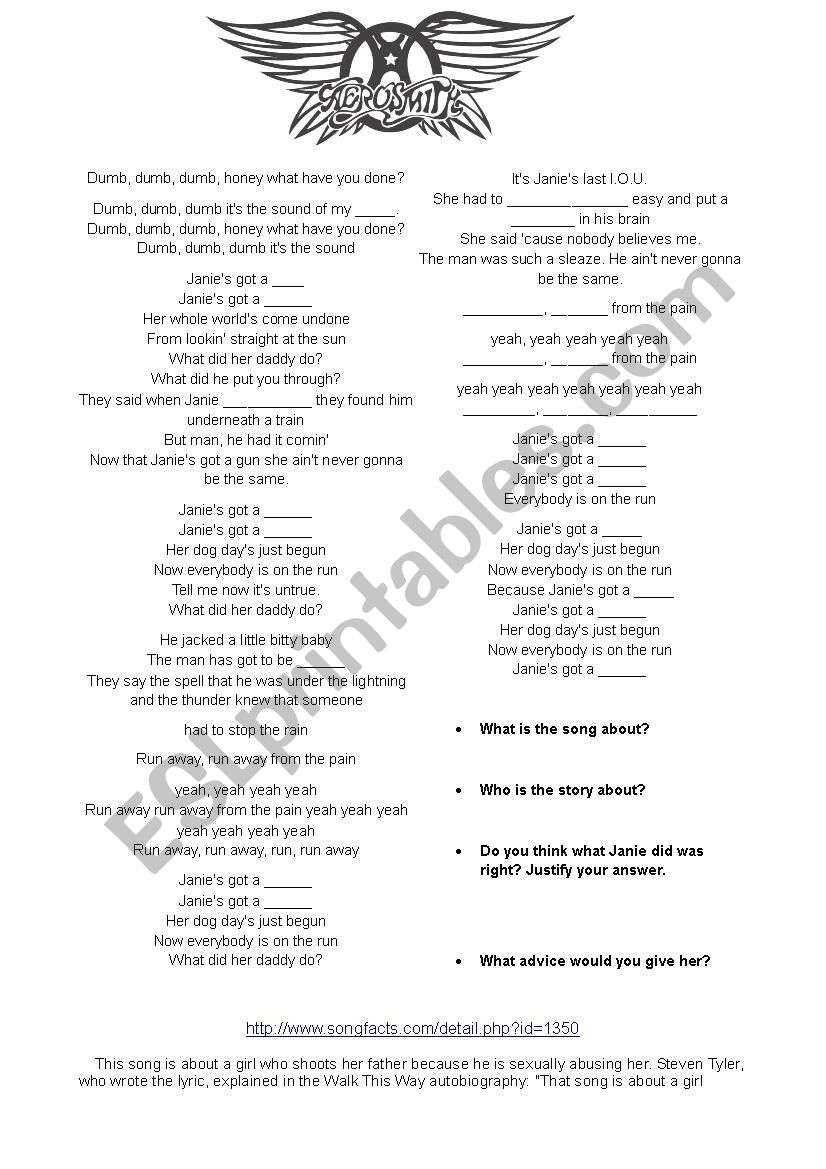 Aerosmith. JanieÂ´s got a gun. Song activity.