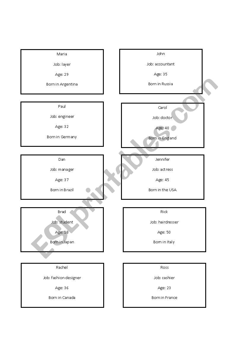 Cards - Verb to be - oral activity