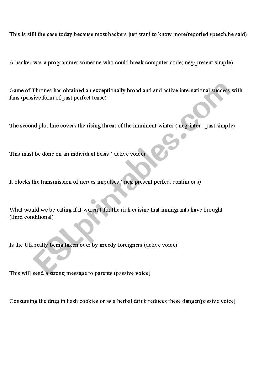 transformation sentences worksheet
