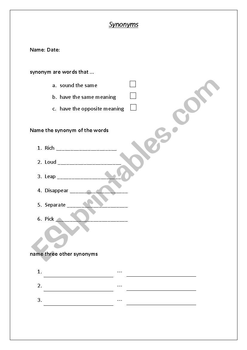 Synonyms  worksheet