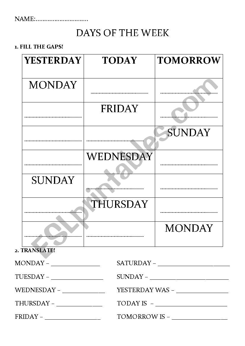 DAYS OF THE WEEK worksheet