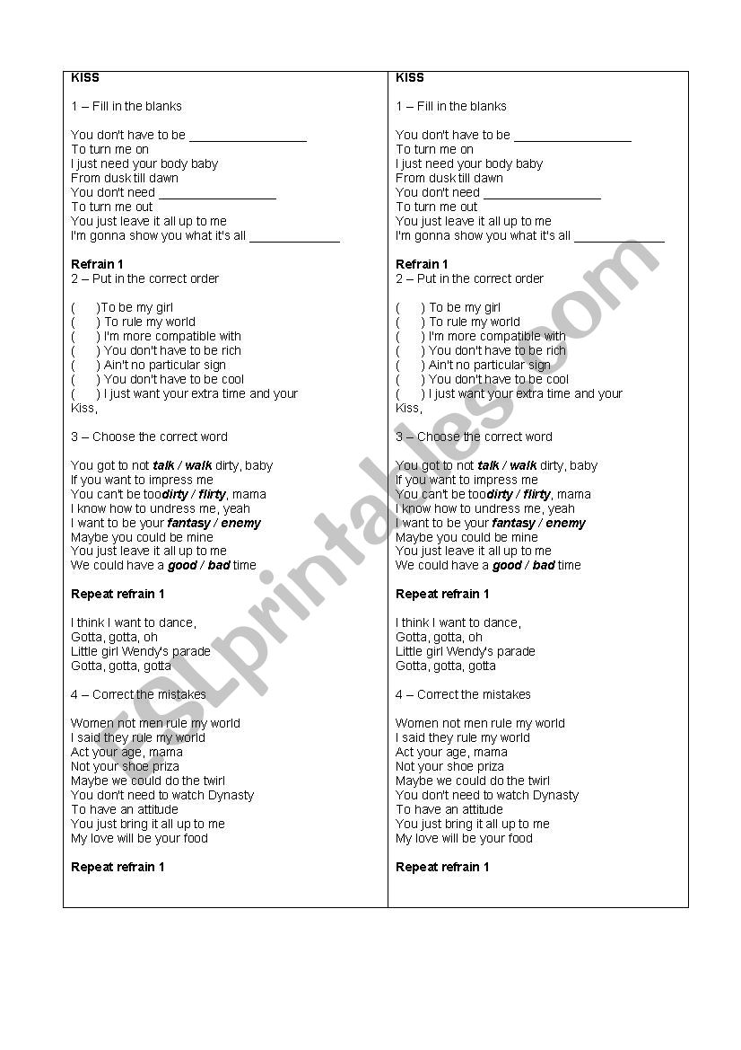 Kiss - Prince worksheet