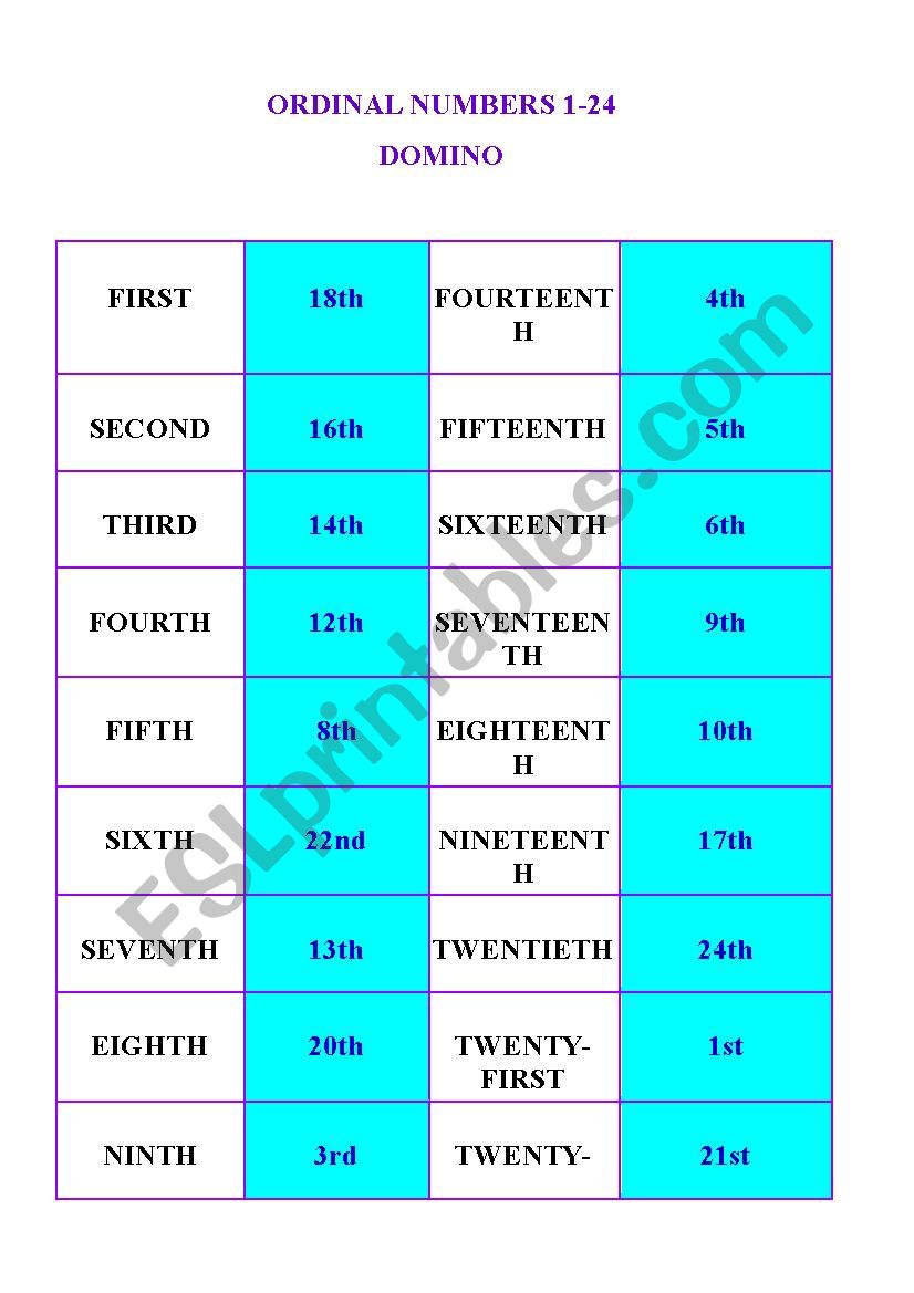 Ordinal numbers 1-24 DOMINO worksheet