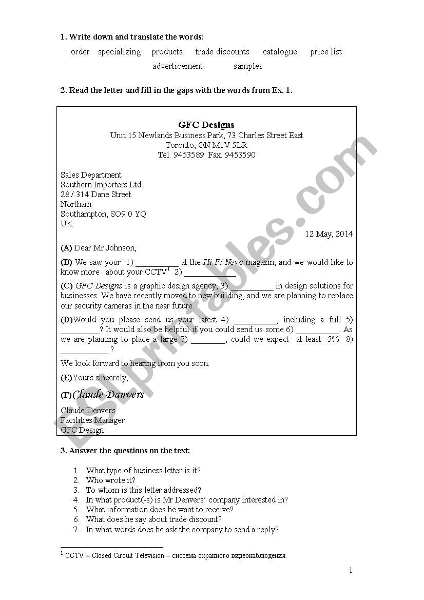 Enquiry letter worksheet