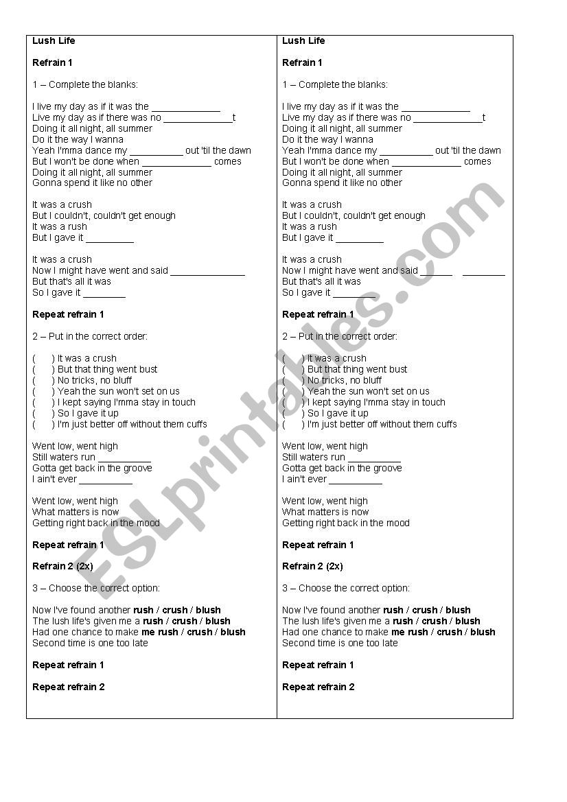 Lush life - song worksheet