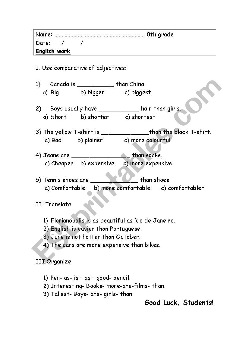 Comparative adjectives worksheet