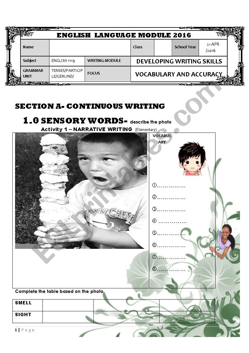 A COMPREHENSIVE WRITING WORKSHEET PART 1