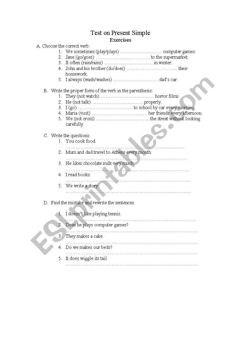 Test on Present Simple worksheet