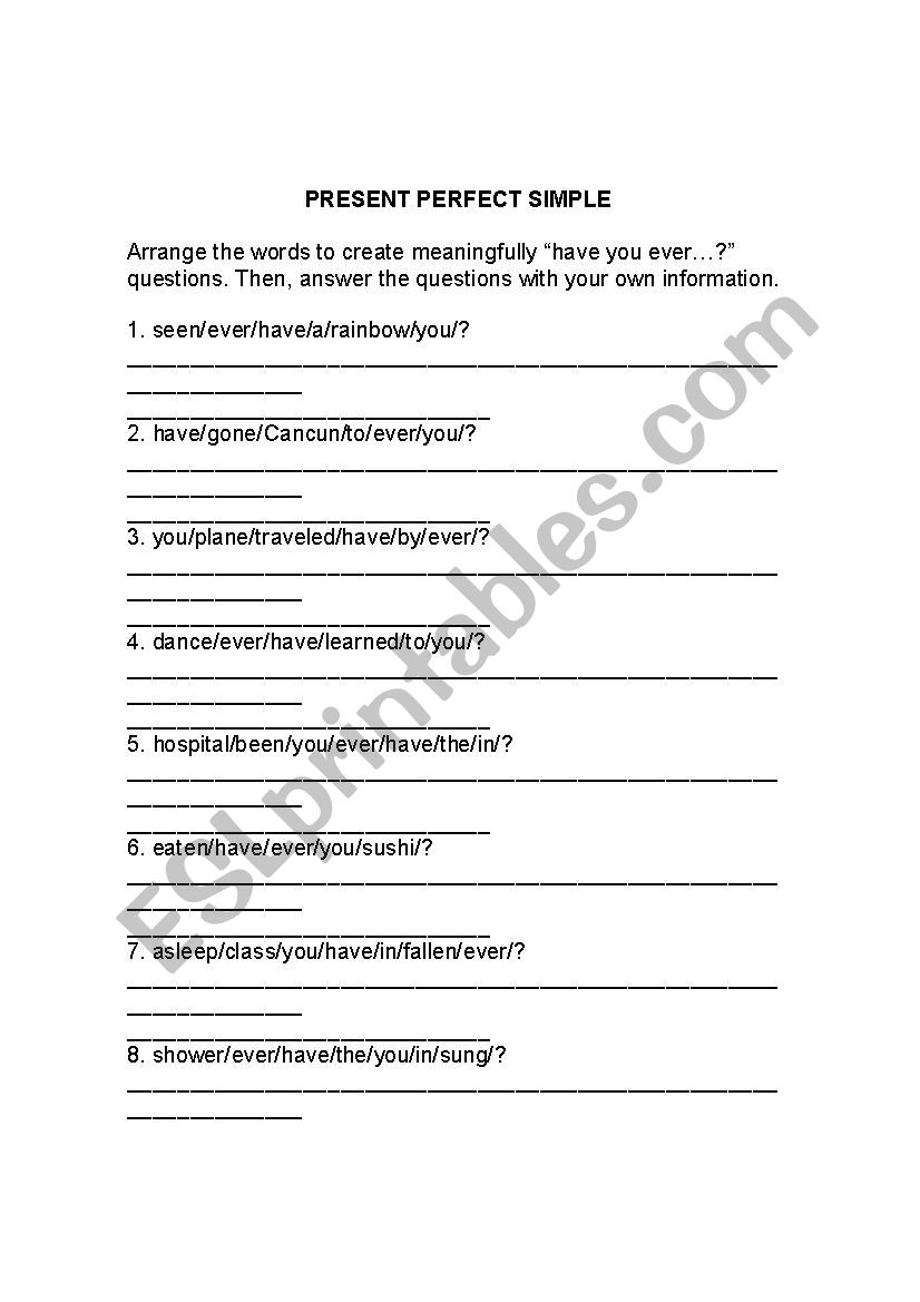 Present perfect simple. Arrange the words exercise (have you ever...?)