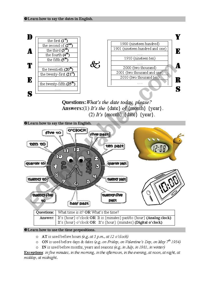 Dates and time worksheet