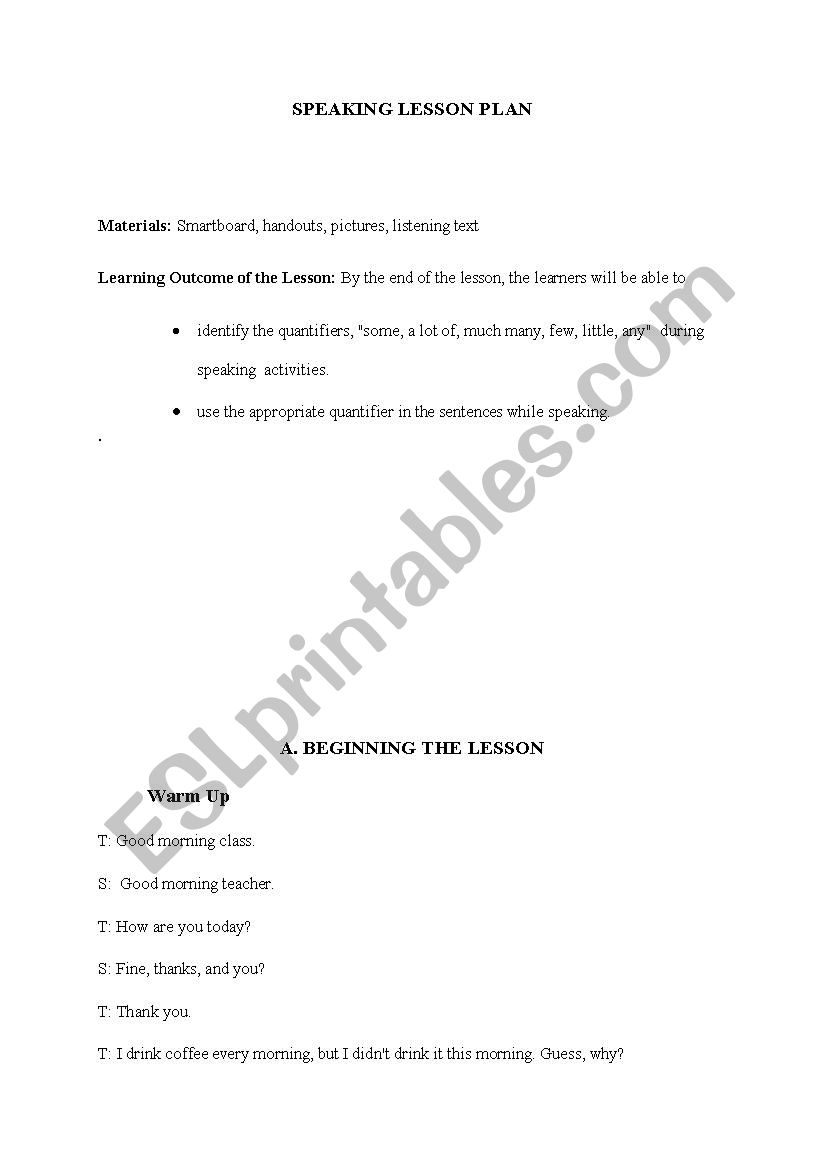 Speaking Lesson Plan worksheet