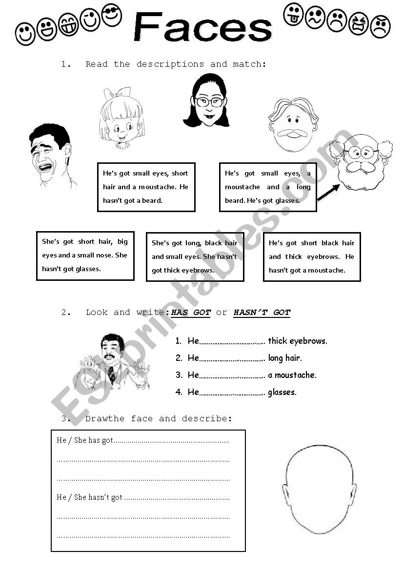 Describing faces worksheet