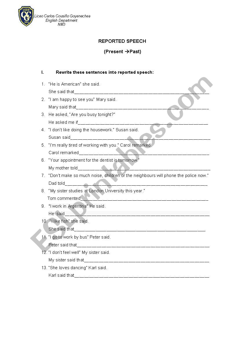 Reported Speech worksheet