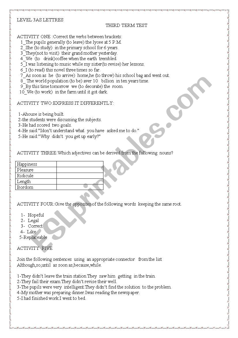 A list of Tasks for third year students A list of Tasks for third year students