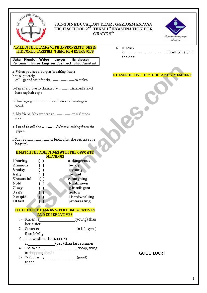 EXAM FOR GRADE th worksheet