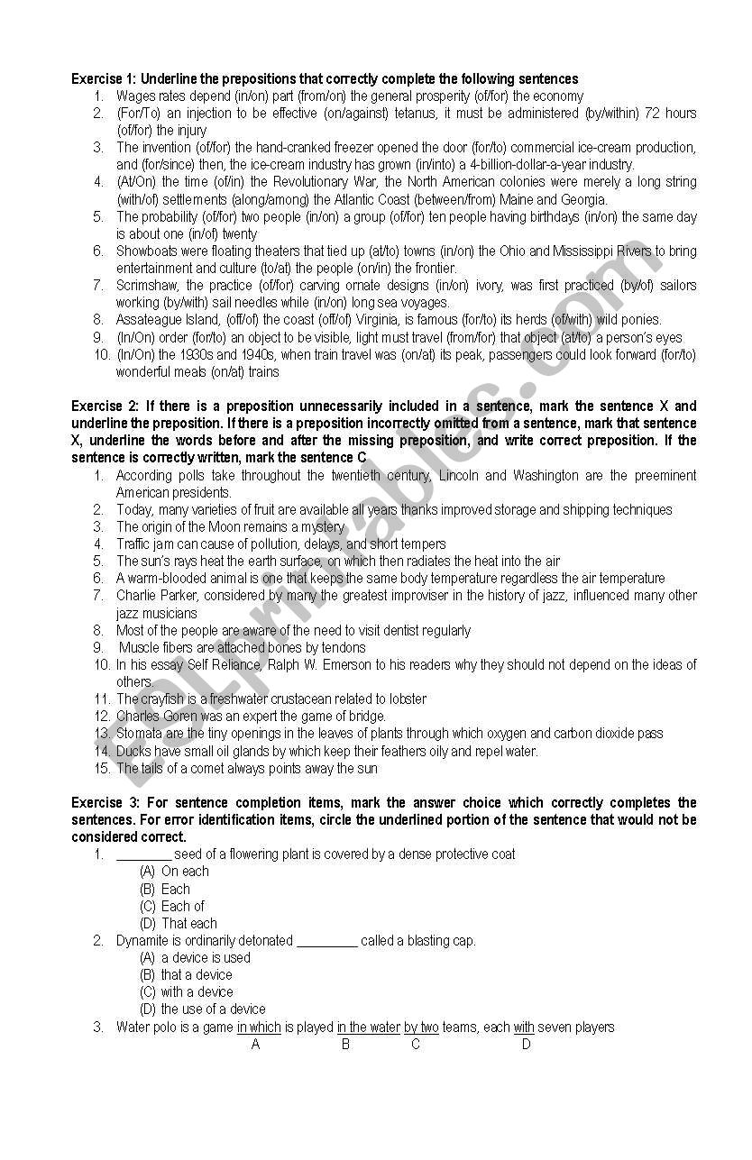 Prepositions worksheet