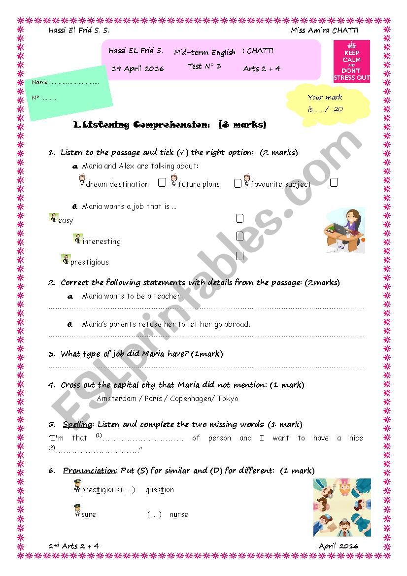 Mid-term English Test N° 3 Arts 2/4