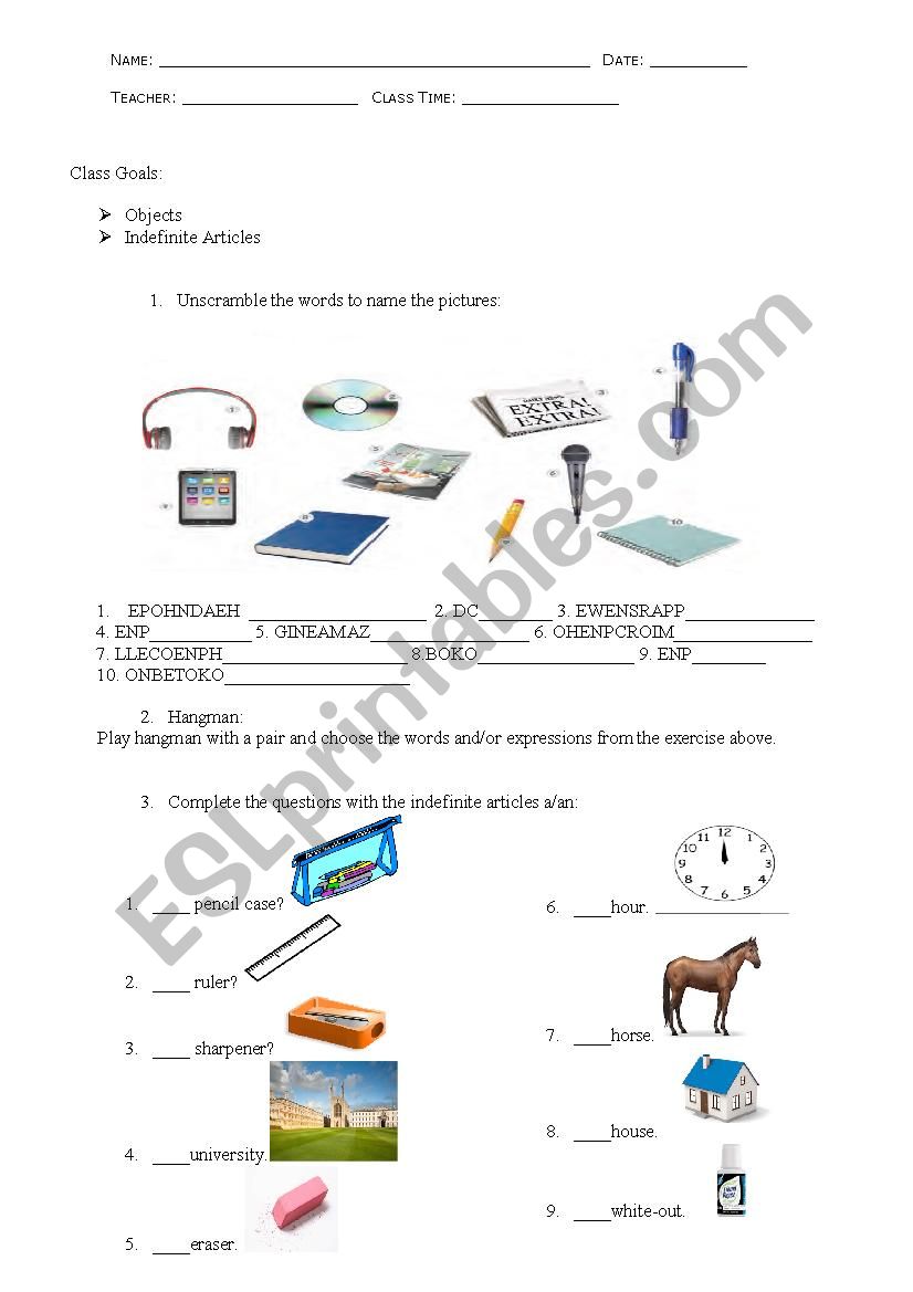 Indefinite Articles worksheet