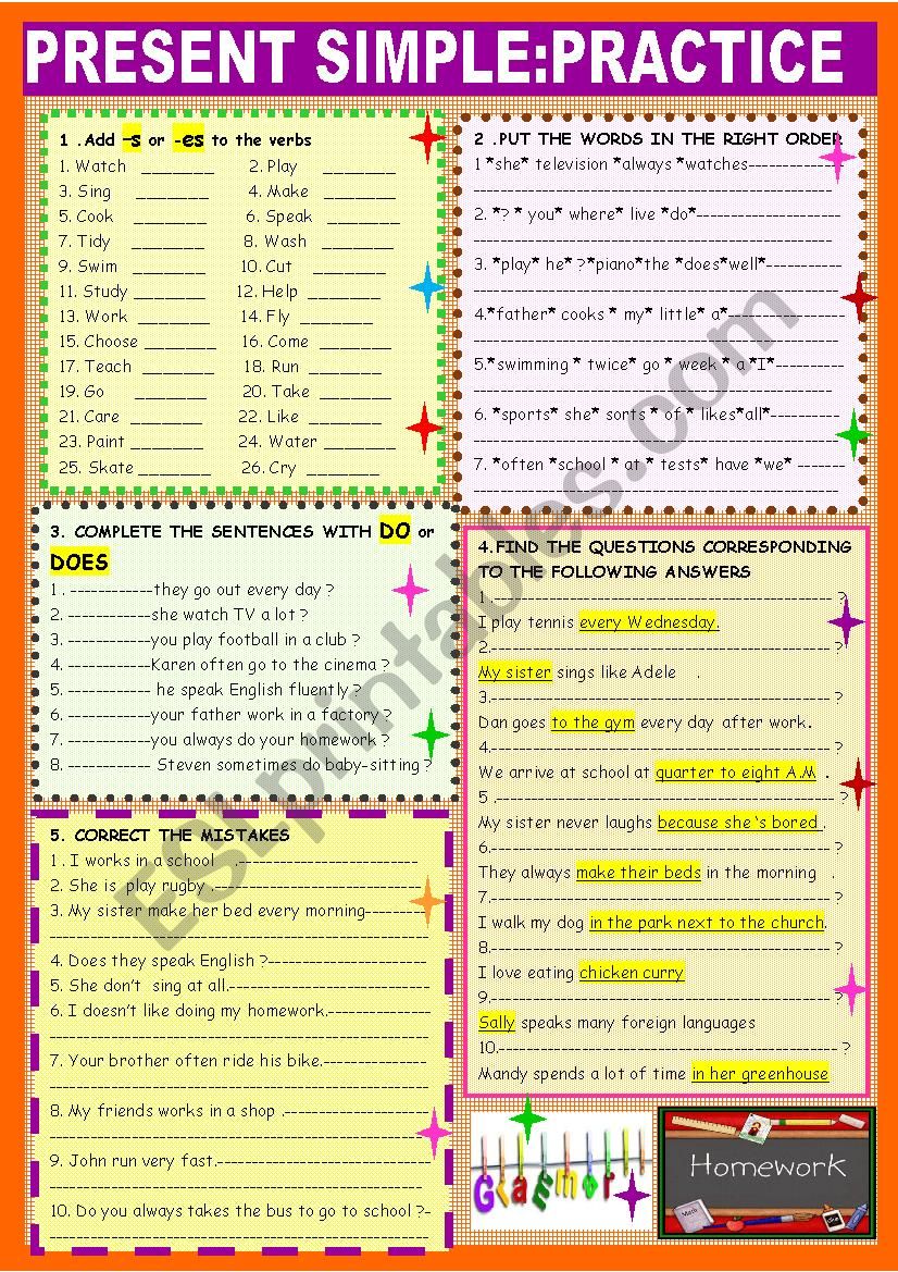 Present simple: 2 page practice with 9 ex 