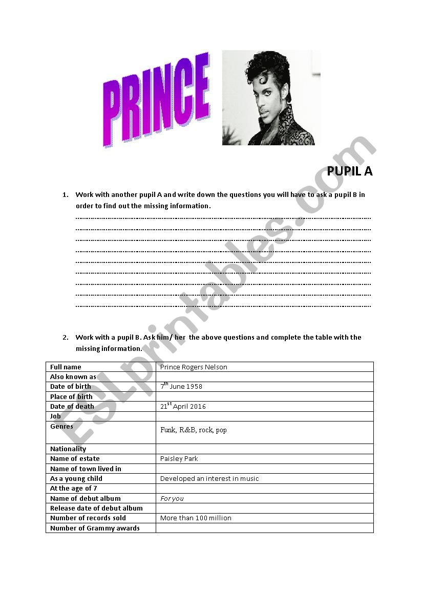 Prince pairwork worksheet