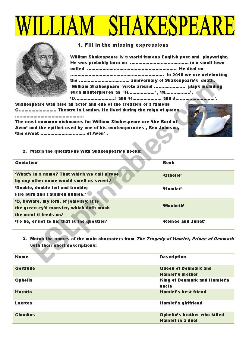 William Shakespeare worksheet