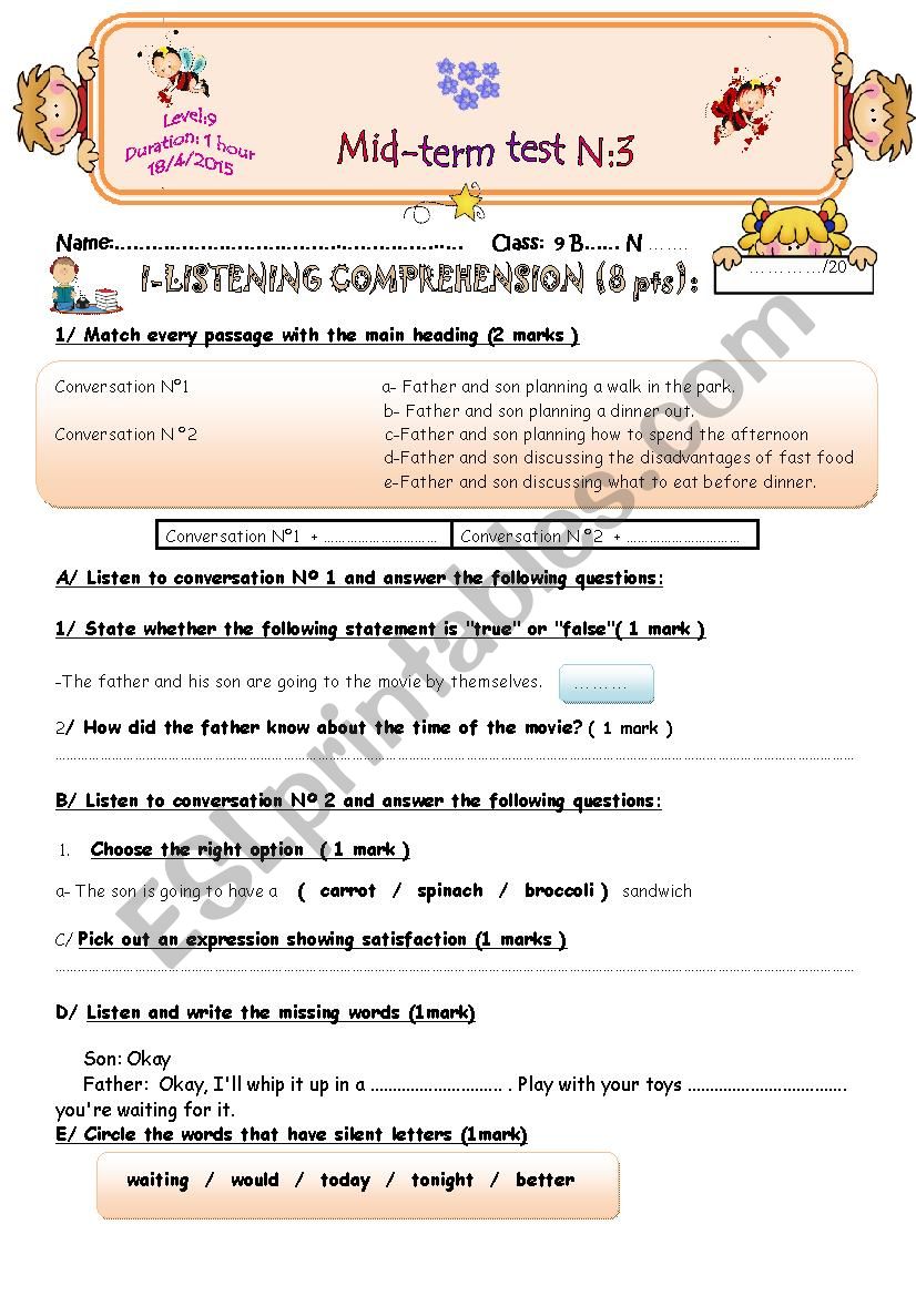 Mid-term Test 3 9th form worksheet