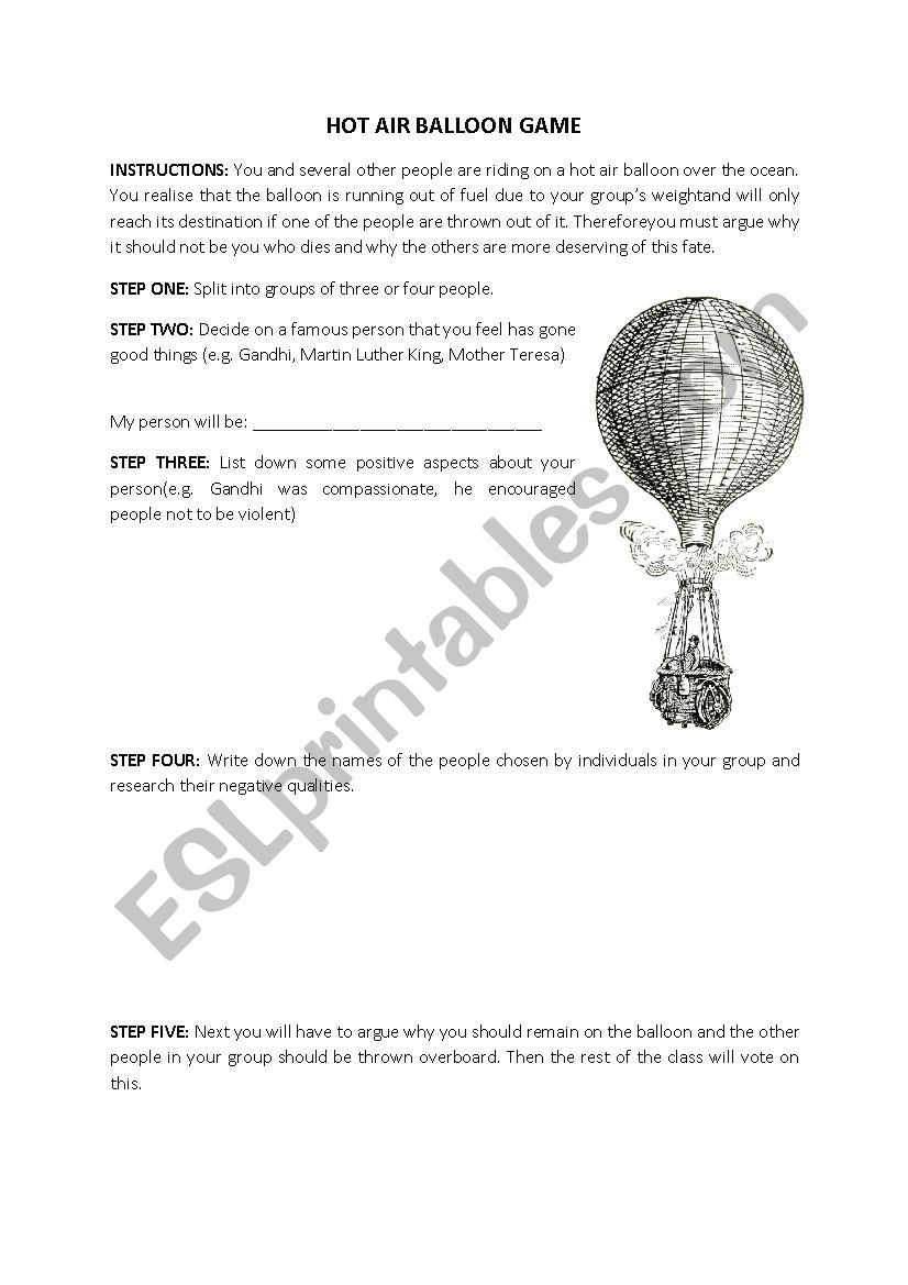 Hot Air Balloon Game worksheet