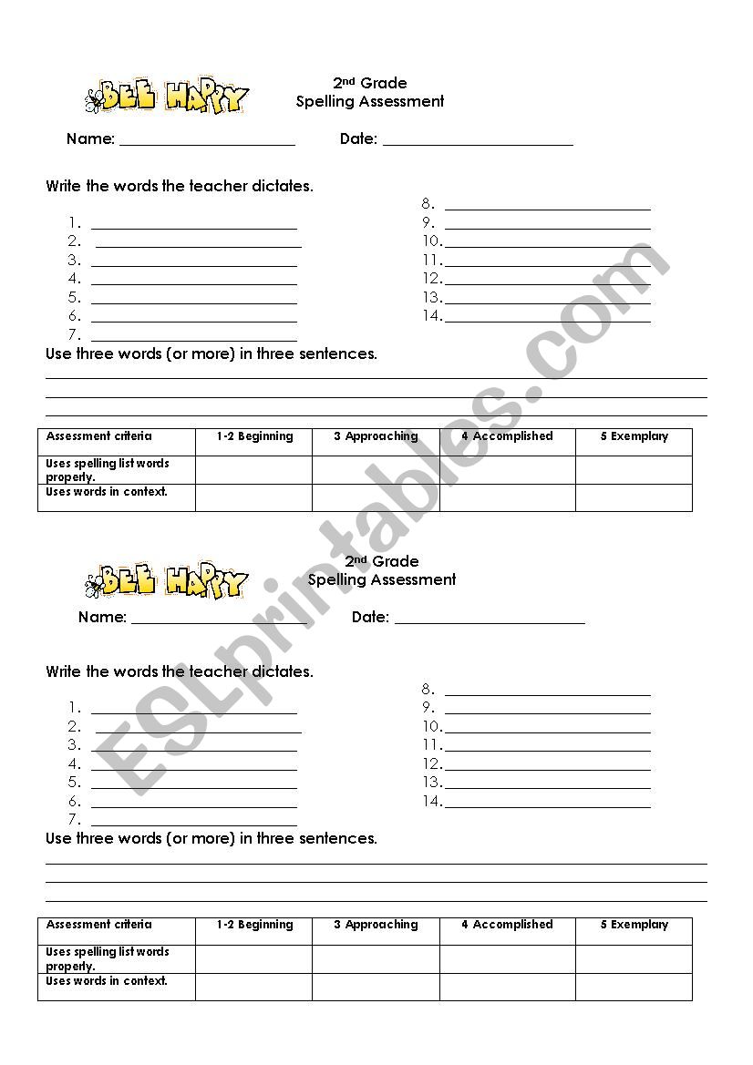Spelling Final Assessment worksheet