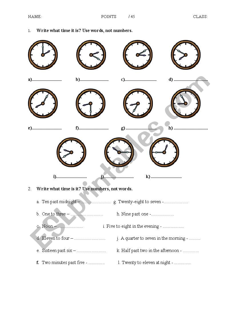 Time and Prepositions worksheet