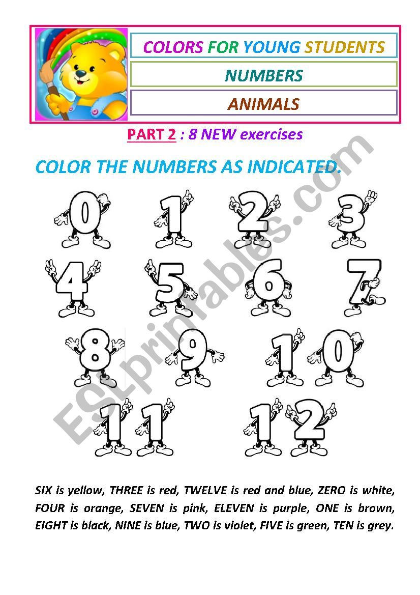 Colors, numbers and animals for young students - Part 2.