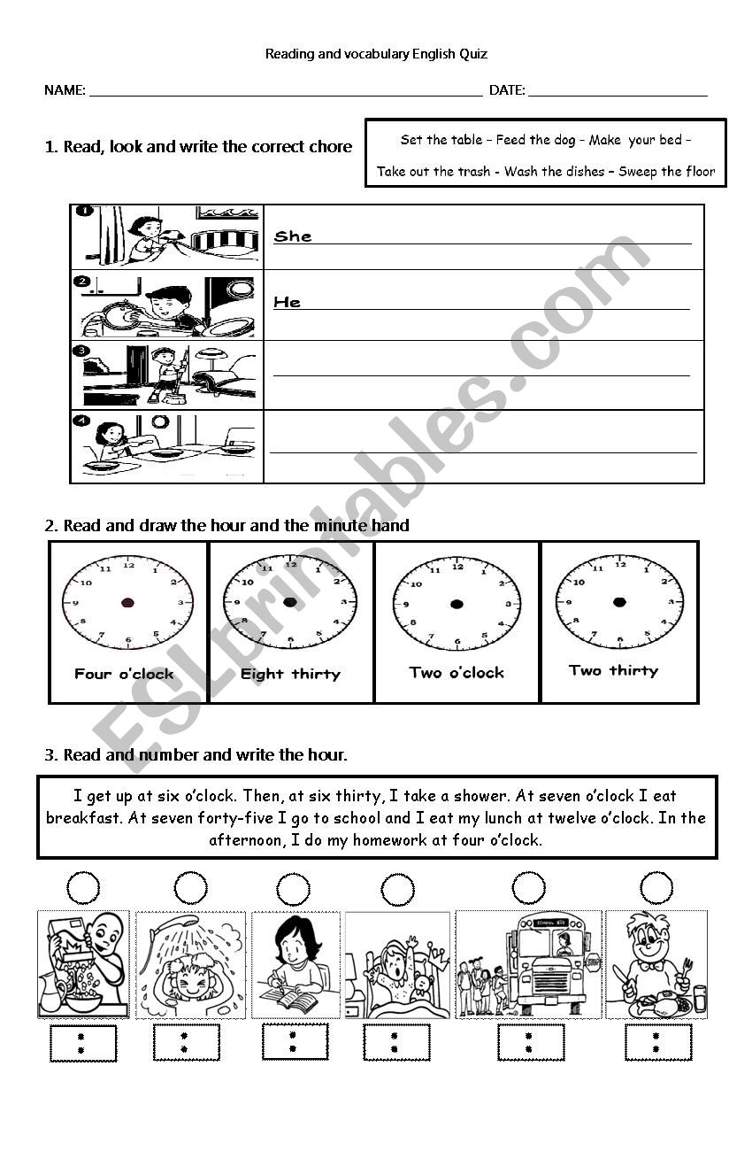 Daily Routine, Place Prepositions & Food Test