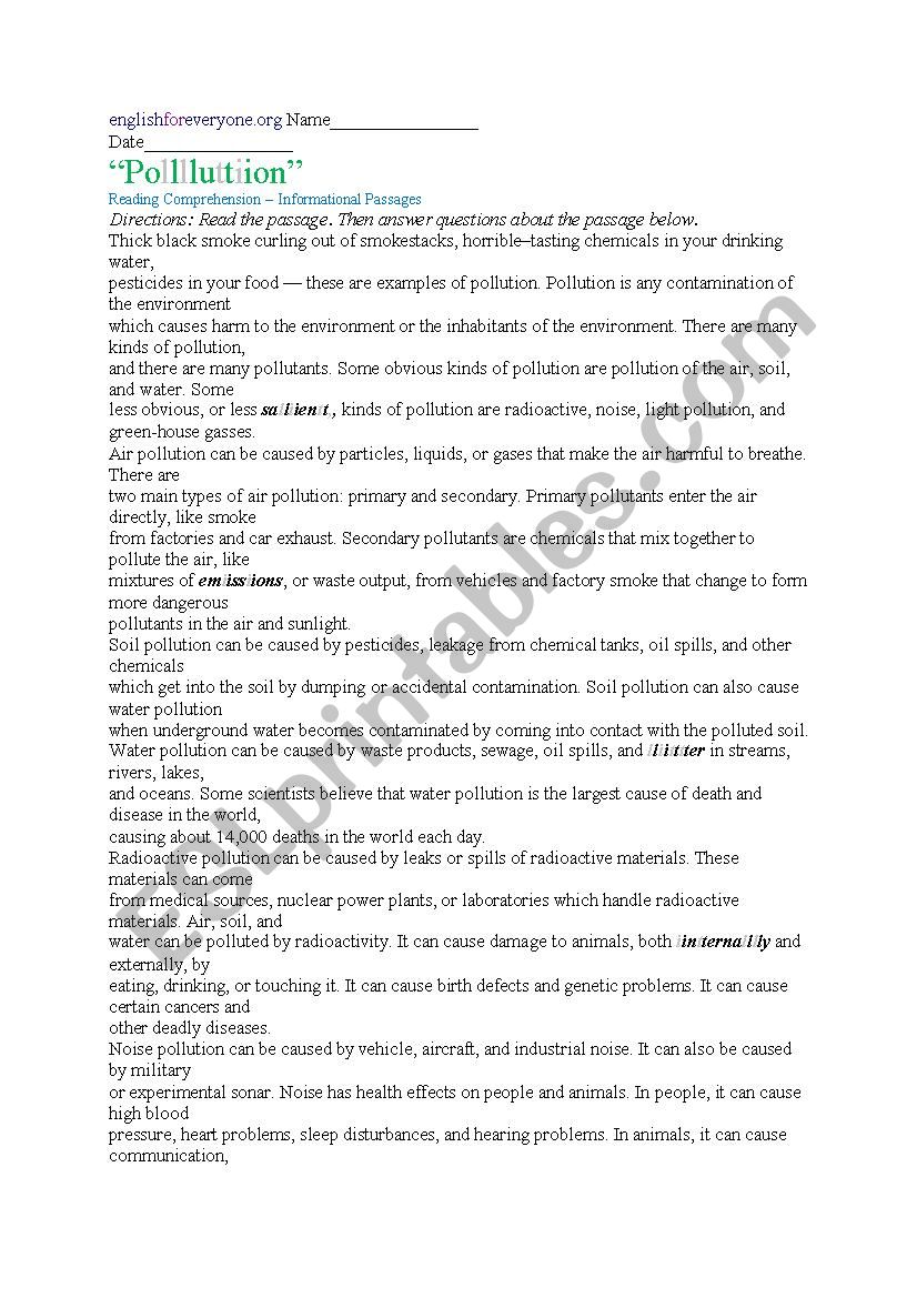 pollution worksheet
