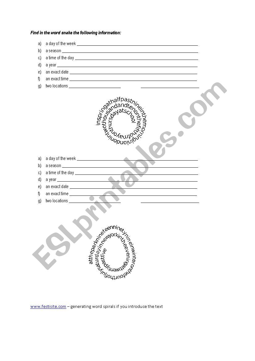 Time and Events  worksheet