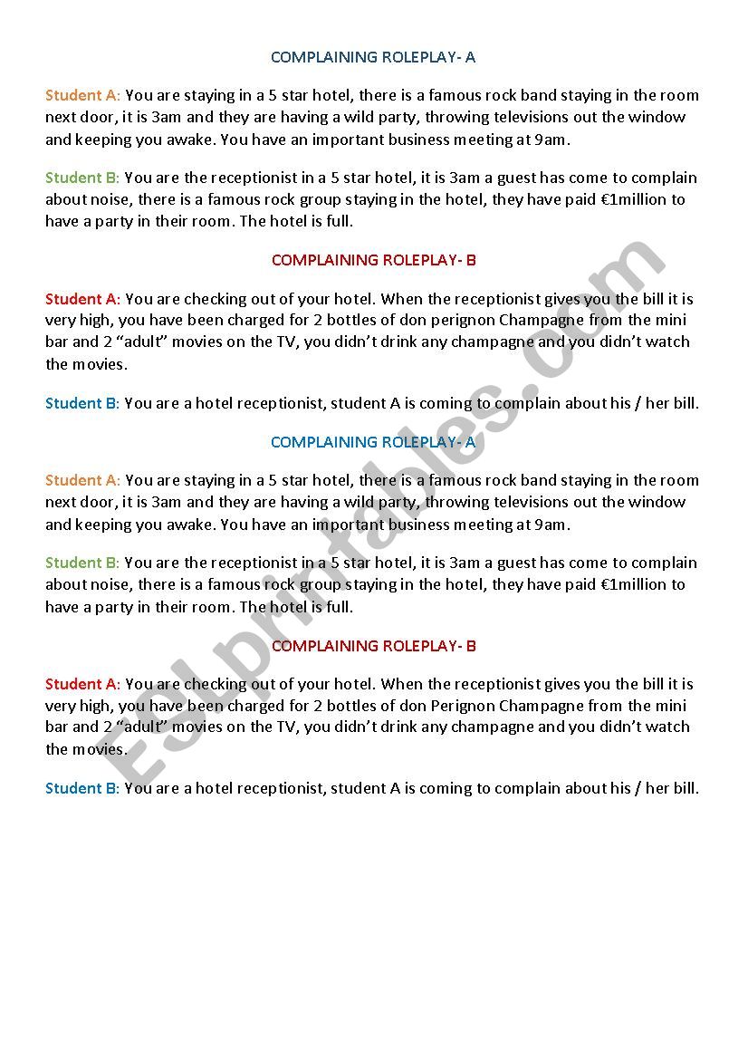 complaining role play worksheet