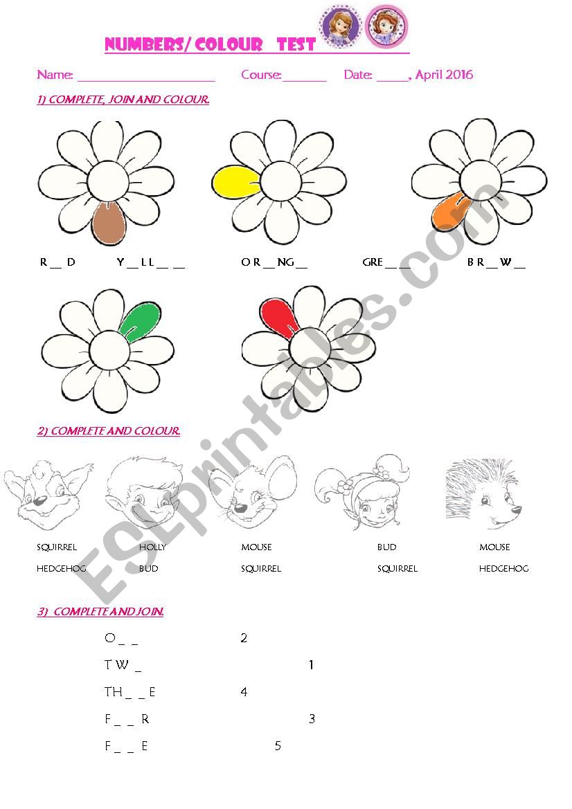 Numbers and colours worksheet