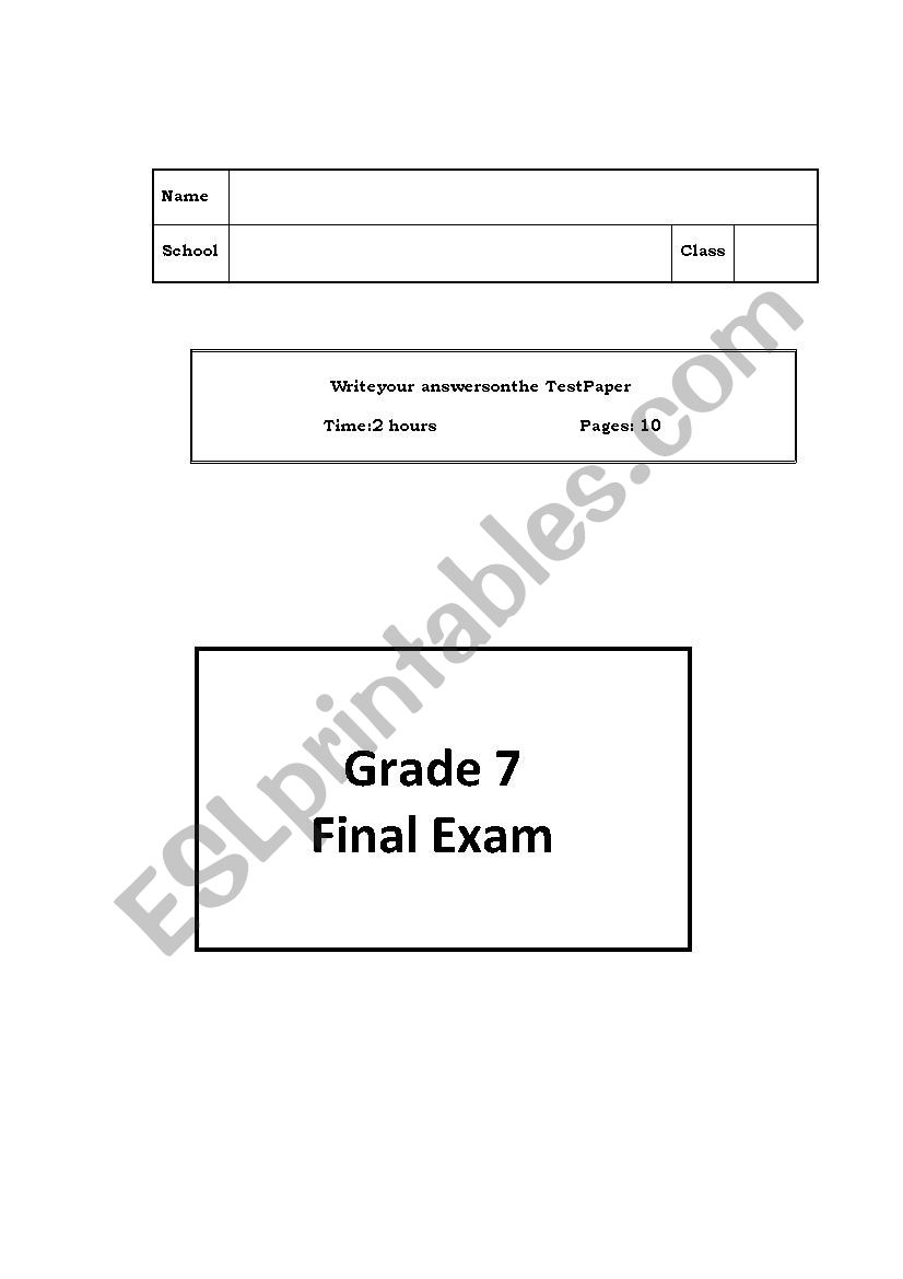 grade 7 final test worksheet