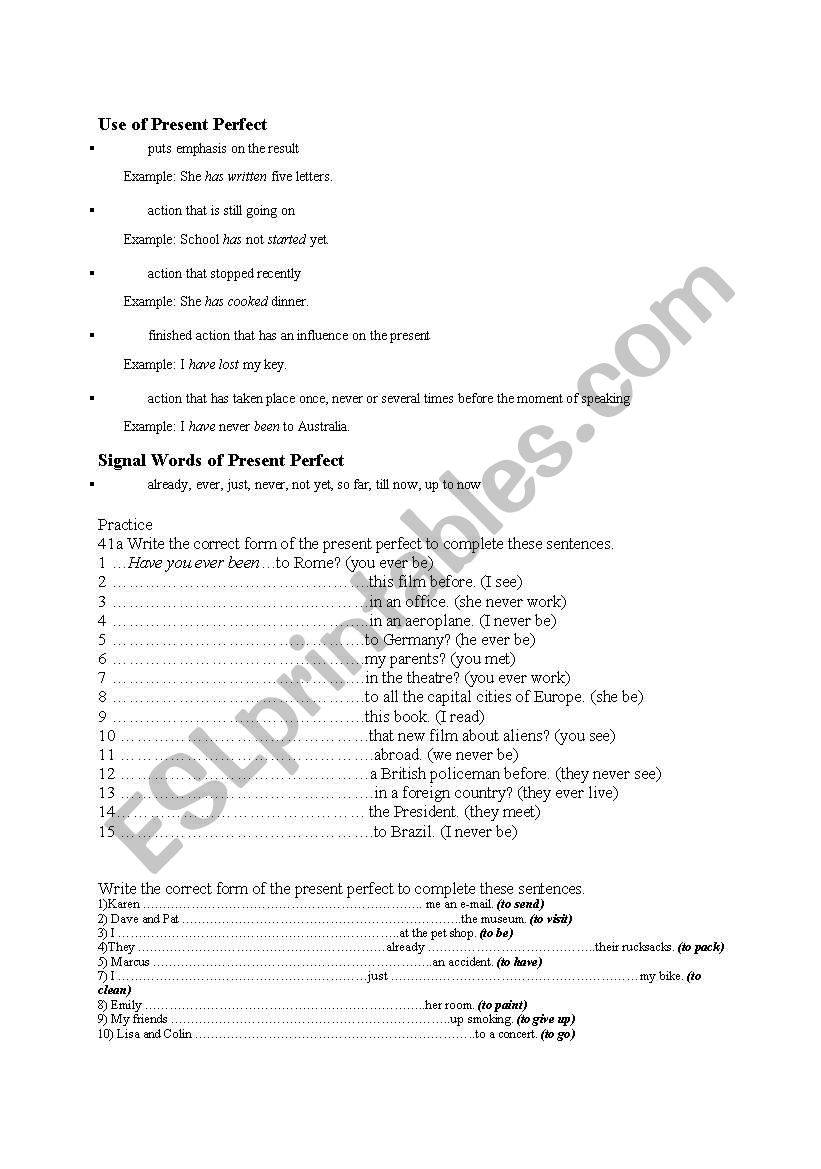 present prefect worksheet