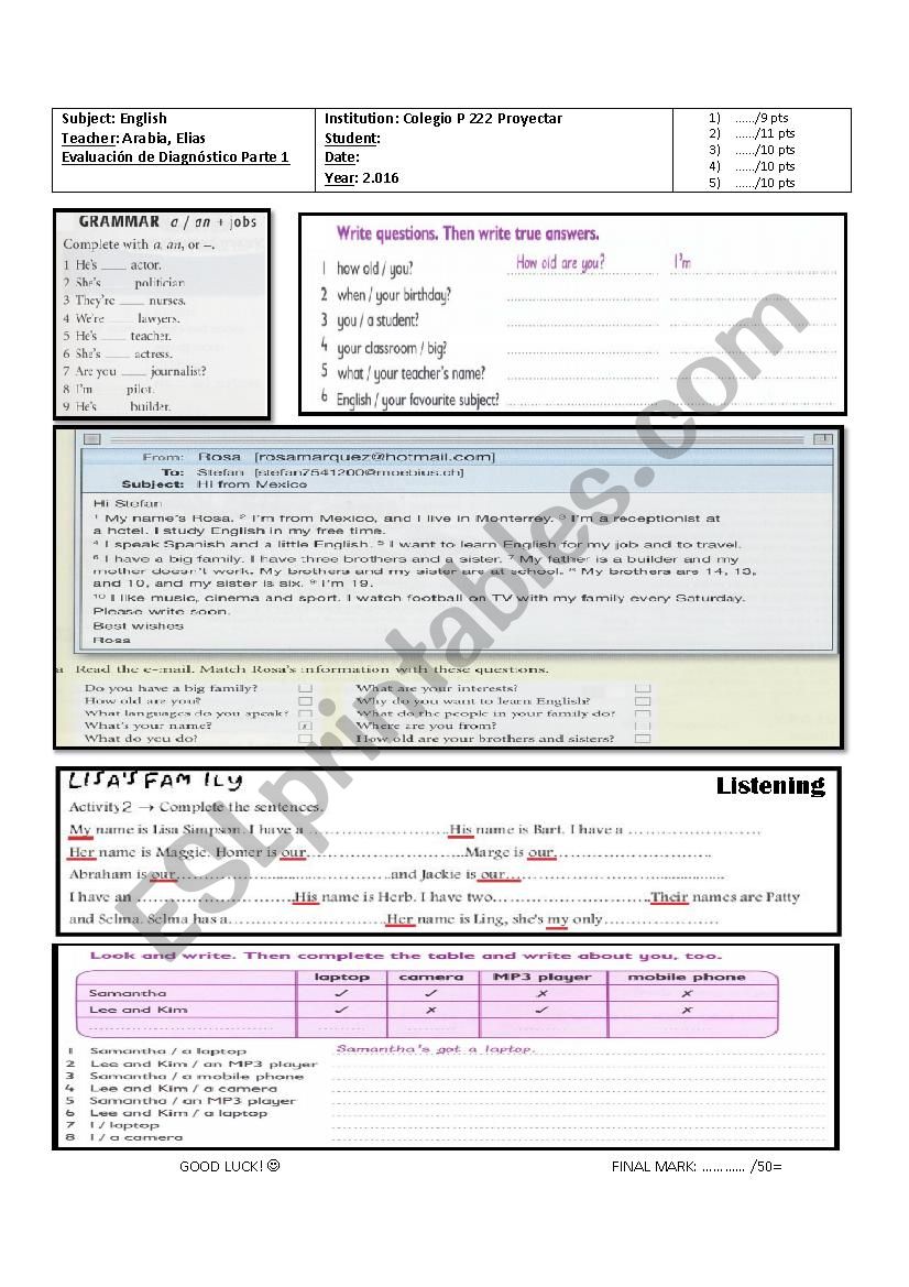 Elementary English Test worksheet