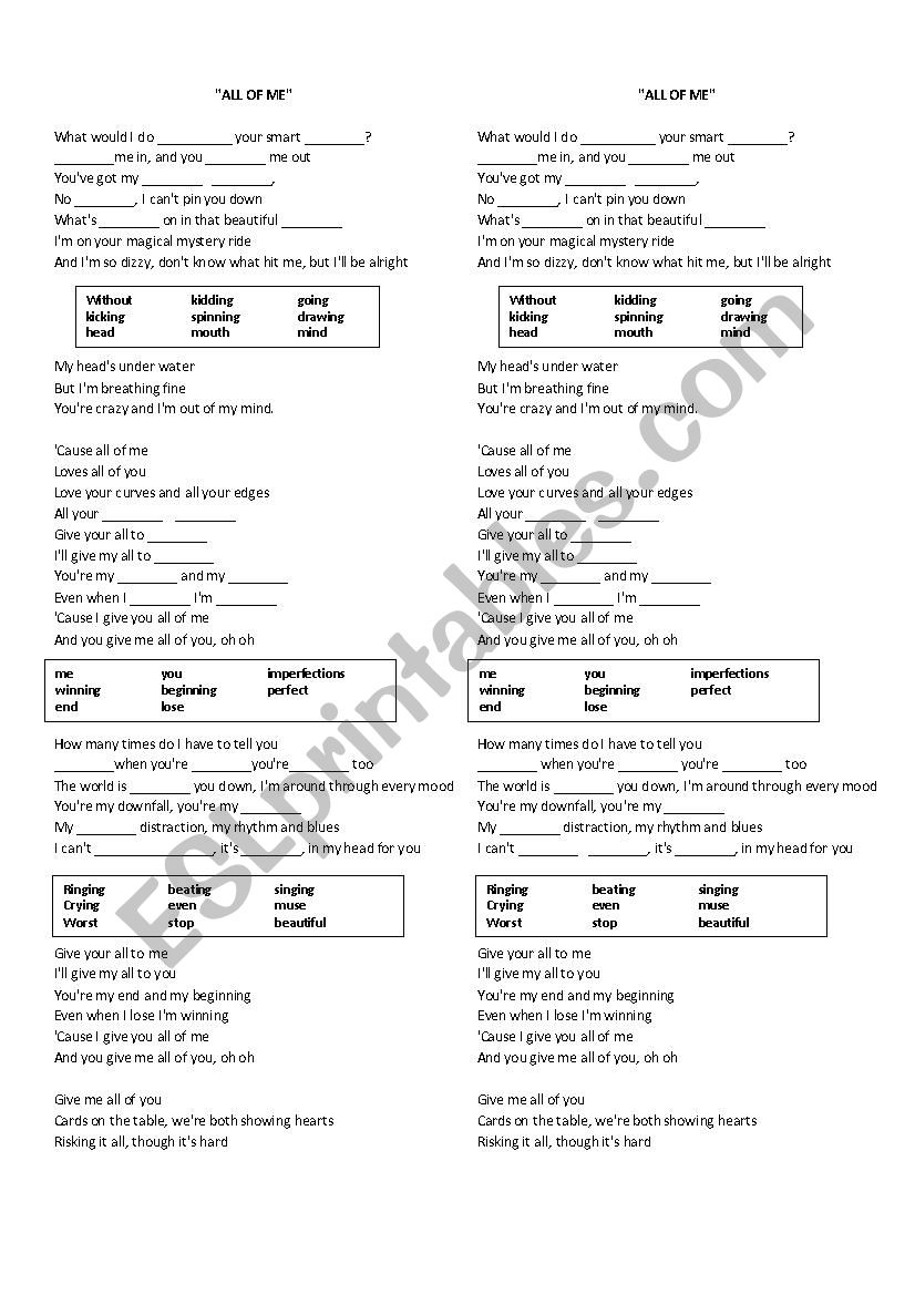 All Of Me worksheet