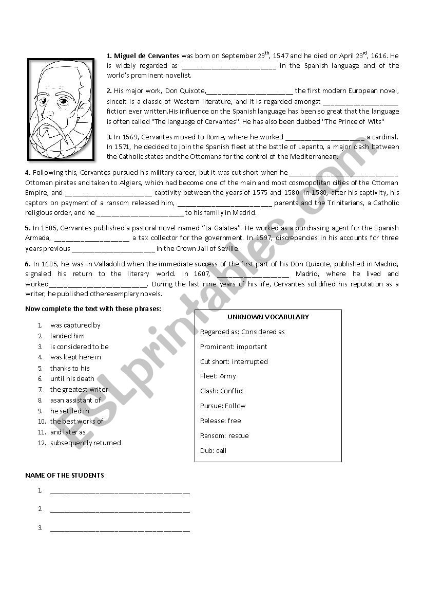 Miguel De Cervantes Saavedra worksheet