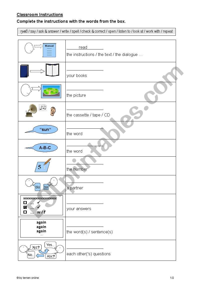 Classroom Instructions worksheet