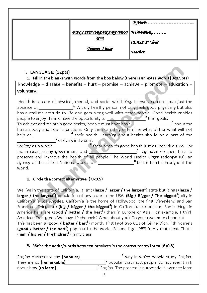 mid-term 3 test 1st form Tunisia