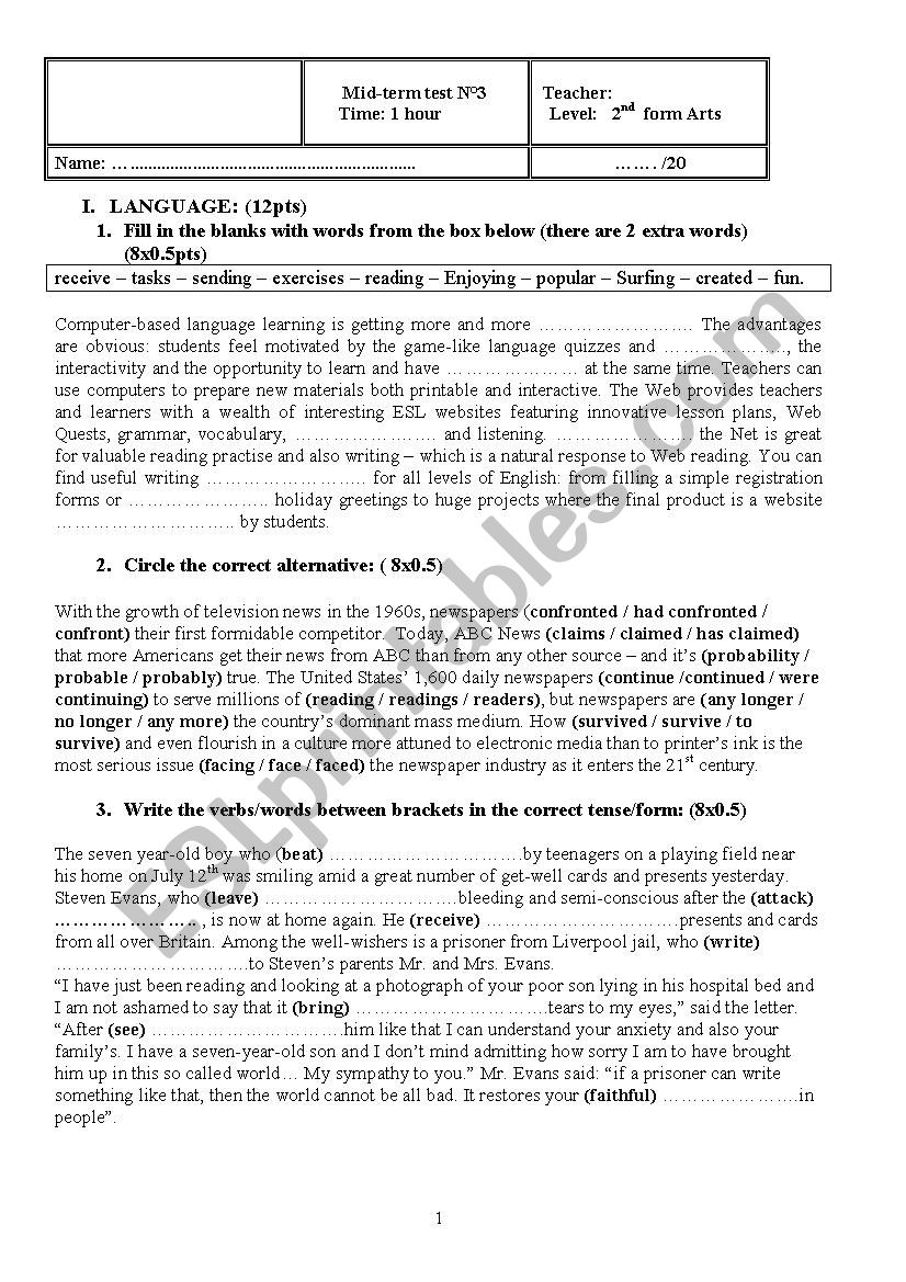 mid-term3 test 2nd form Arts worksheet