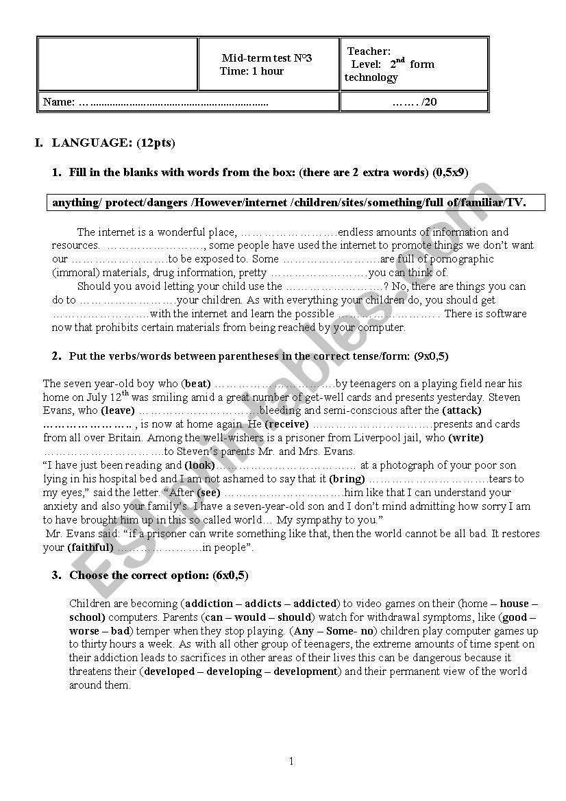 Mid term3 test 2nd form worksheet