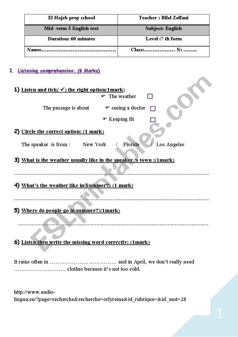 mid term3 English test worksheet