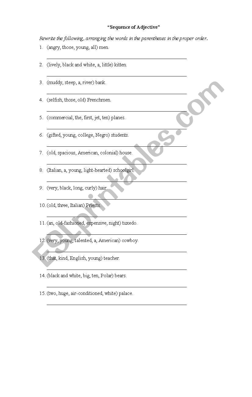 Adjective Sequences worksheet