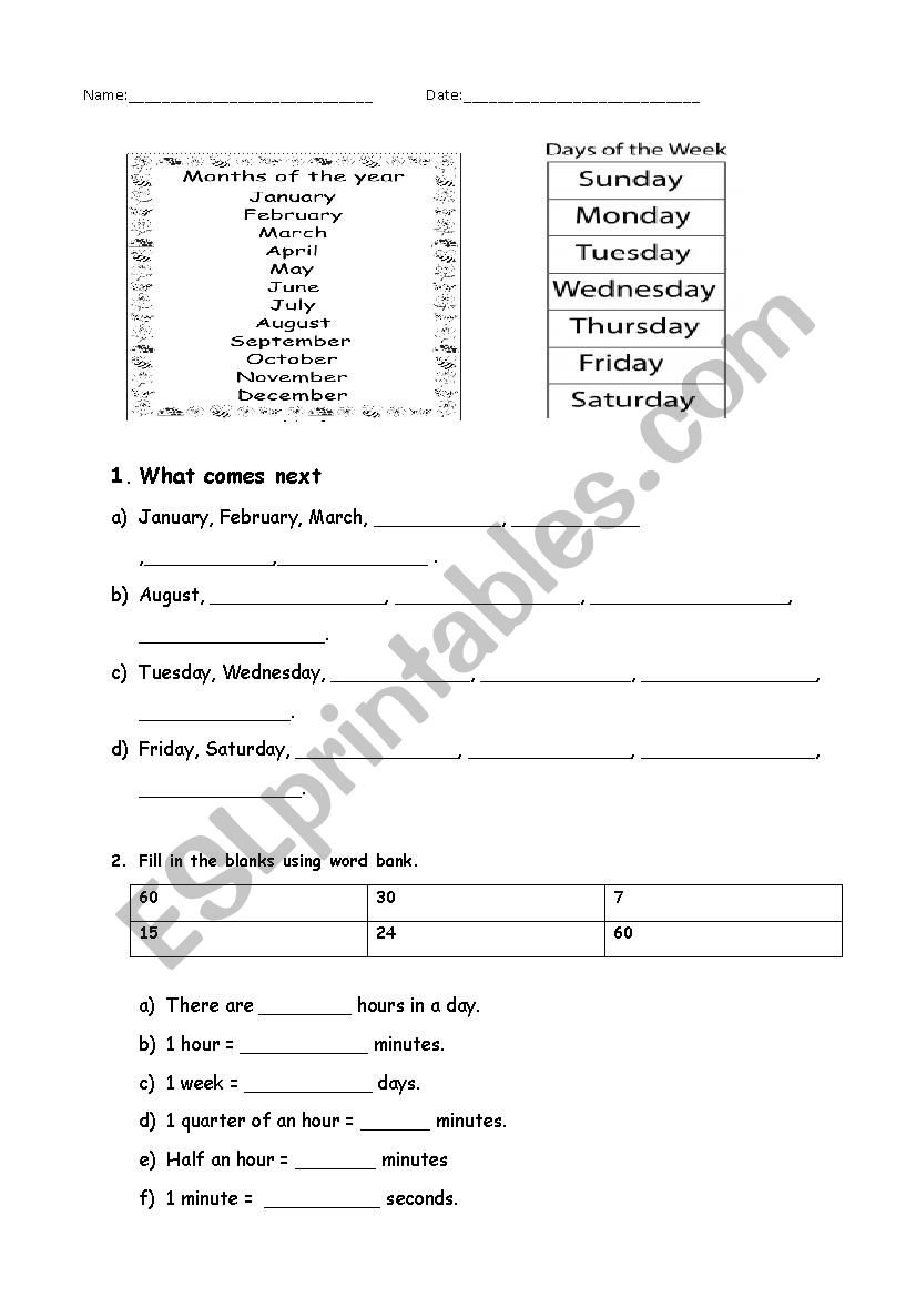 days and months worksheet worksheet