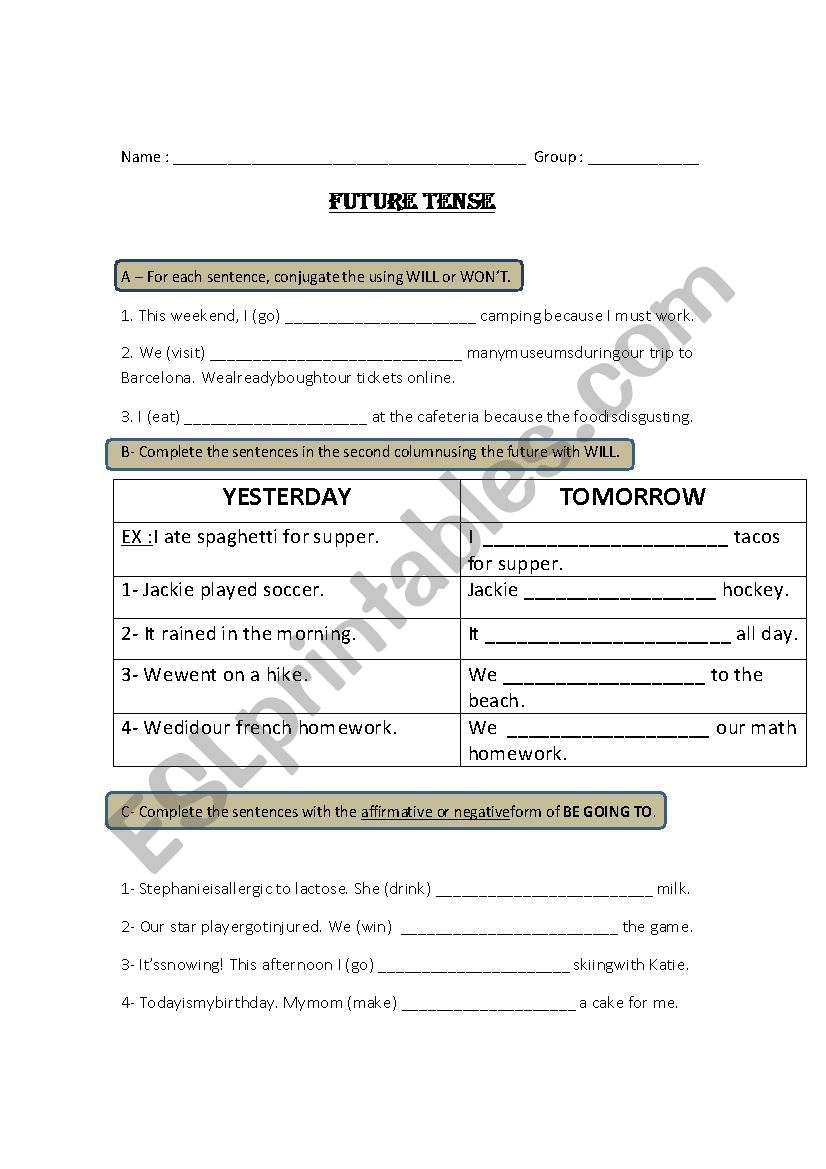 Grammar TEST future tense  worksheet