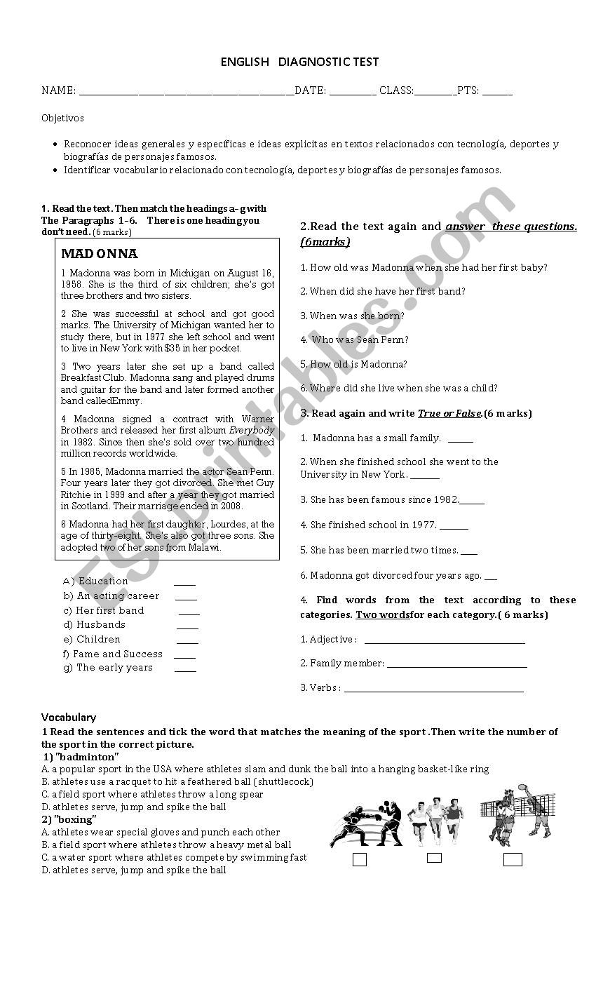 diagnostic test worksheet